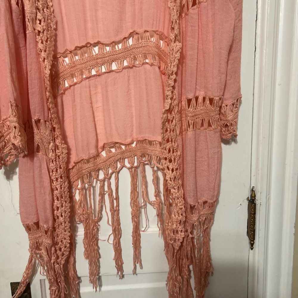 Do everything in love Peach Crochet Fringe Cardigan - Picture 2 of 9